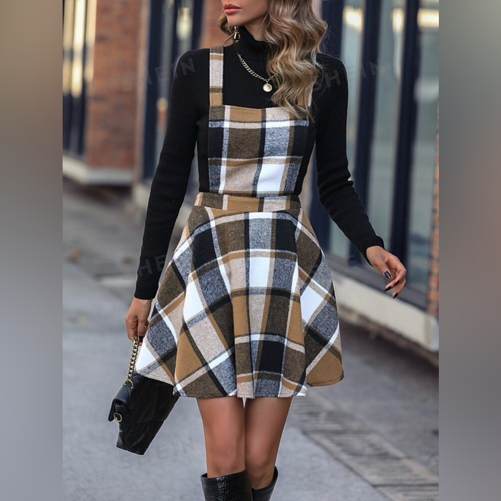 Plaid Pinafore Dress - Black, White, Brown